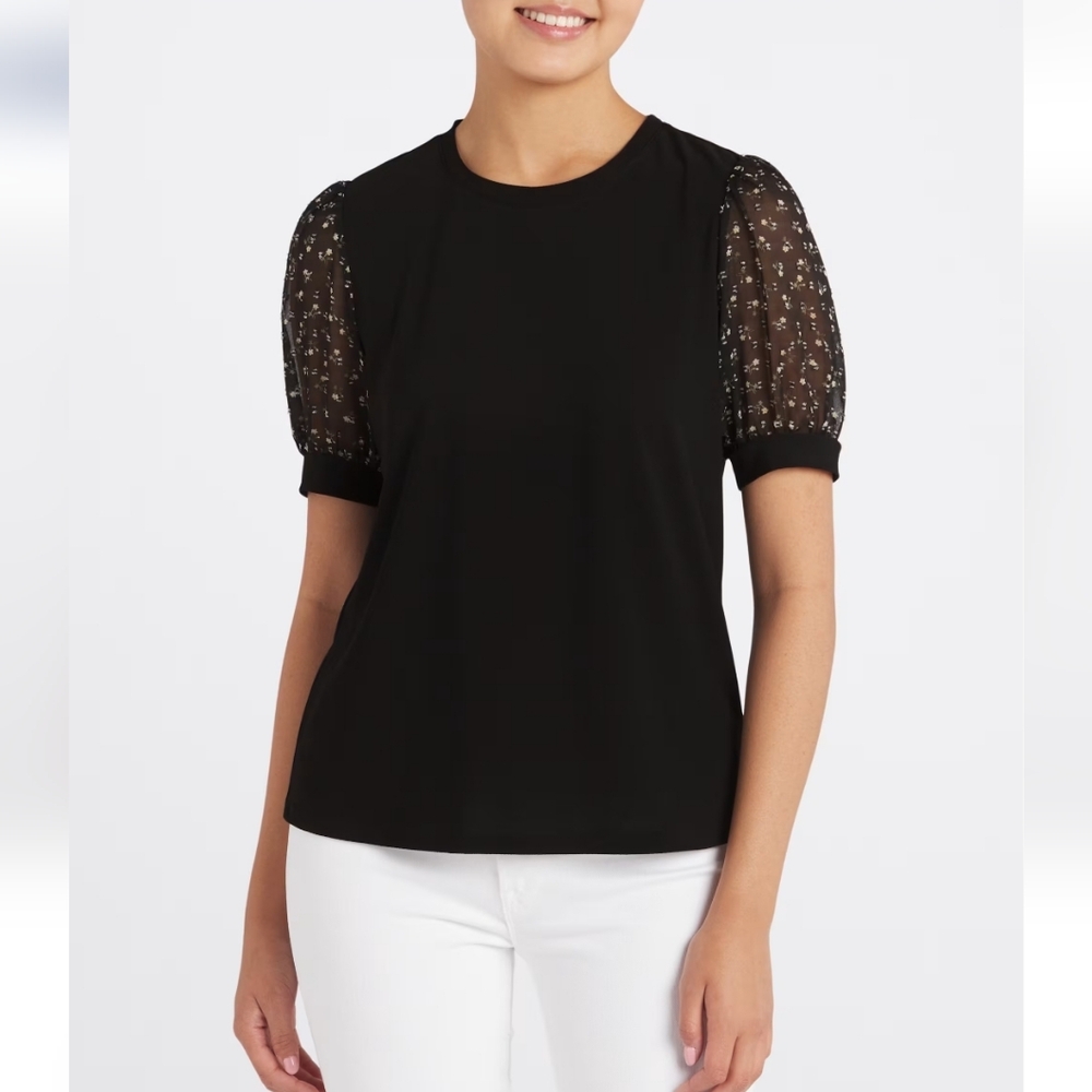 CeCe Floral Black Puff Sleeve Top